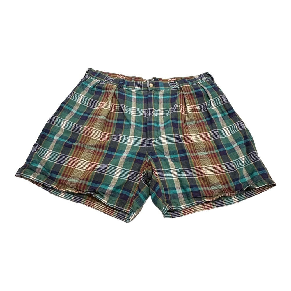 Polo Ralph Lauren Shorts Mens 40 Green Plaid Pleated Cotton Made in USA Vintage